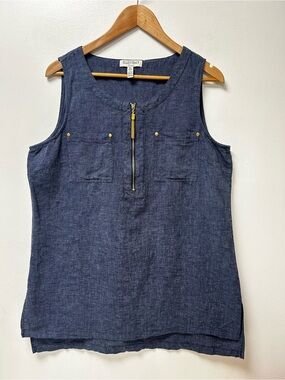 Ellen Tracy Women’s Linen Cotton Blend Sleeveless Zip Top Navy Blue Size Large